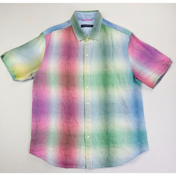 Tommy Bahama Size Large Multi Check Linen Embroidered Logo Short Sleeve Shirt - Picture 1 of 11